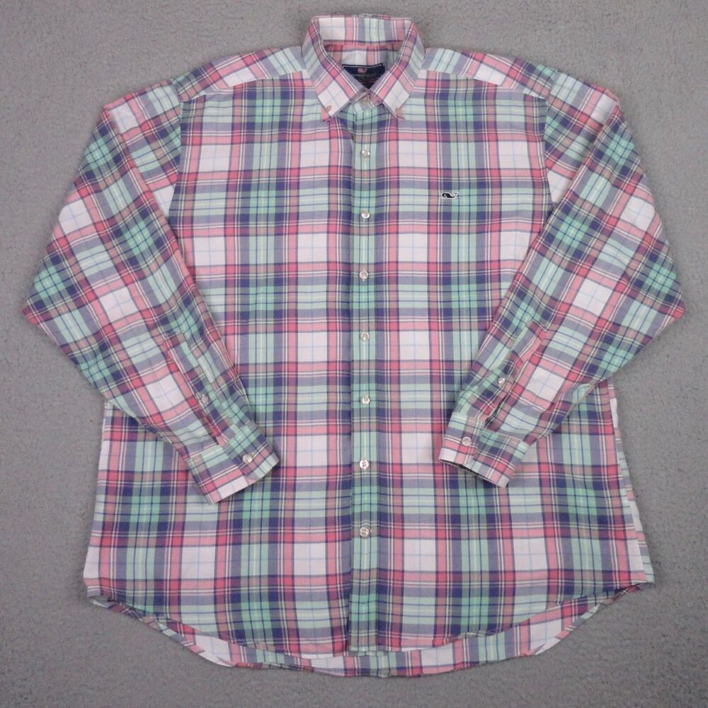 Vineyard Vines Whale Shirt Mens Large Pink Plaid Long Sleeve Button Down Easter